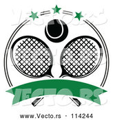 Vector of Black and White Tennis Ball over Crossed Rackets in a Circle with Stars and a Blank Green Banner by Vector Tradition SM