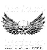 Vector of Black and White Vintage Engraved or Woodcut Winged Human Skull by AtStockIllustration