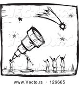 Vector of Black and White Wood Carving Styled Astronomer Using a Telescope to View Comets and Stars by Xunantunich