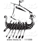 Vector of Black and White Woodcut Dragon Viking Ship with Oars by Xunantunich