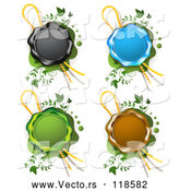 Vector of Black Blue Green and Brown Wax Seals with Ribbons over Green with Vines by Merlinul