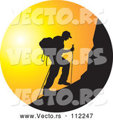 Vector of Black Silhouetted Man Hiking a Mountain Against a Sunset Circle by Lal Perera