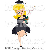 Vector of Blond Graduation Pinup Girl Popping Cork off of Wine Bottle While Winking and Grinning - Cartoon Styled by BNP Design Studio