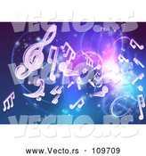 Vector of Blue and Purple Background of Bright Neon Lights, Flares and Floating Music Notes by AtStockIllustration