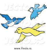Vector of Blue and Yellow Birds Flying in a Group by LaffToon