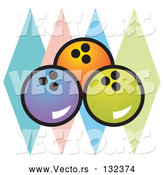 Vector of Blue, Orange and Green Bowling Balls over Colorful Diamonds by Andy Nortnik