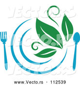 Vector of Blue Plate and Silverware and Green Leaves Vegetarian Food Design by Vector Tradition SM