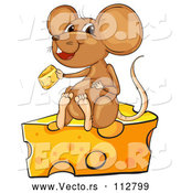 Vector of Brown Cartoon Mouse Eating and Sitting on a Cheese Wedge by