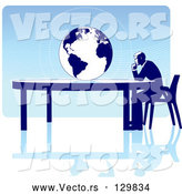 Vector of Business Man Seated at a Table, Facing a Globe over a Blue Background, on a White Surface, Symbolizing Travel, Ecology or International Trade by Tonis Pan