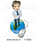 Vector of Business Man Standing on a Globe Connected to a Computer Mouse by