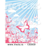 Vector of Butterflies Flying Above Circles and Pink Scrolling Vines over a Sunny Blue Sky Background by OnFocusMedia