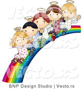 Vector of Cartoon Angels Waving and Riding down Bright Rainbow Slide by BNP Design Studio