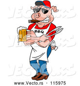 Vector of Cartoon Bbq Pig Chef Holding Tongs, Wearing Sunglasses, Smoking a Cigar and Holding a Beer by LaffToon