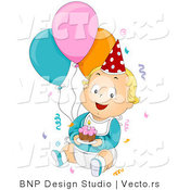 Vector of Cartoon Birthday Baby Boy Surrounded by Confetti, Balloons and Cake by BNP Design Studio