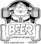 Vector of Cartoon Black and White Chubby Oktoberfest Lady Holding Beer Mugs over a Text Banner by Cory Thoman