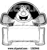 Vector of Cartoon Black and White Drunk Monk Holding Beer Mugs over a Blank Banner by Cory Thoman