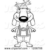 Vector of Cartoon Black and White Drunk Skinny German Oktoberfest Dachshund Dog Wearing Lederhosen by Cory Thoman