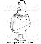 Vector of Cartoon Black and White Hairy Chubby Guy with Folded Arms, Standing in Swim Trunks by Djart