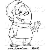 Vector of Cartoon Black and White Happy Chubby Boy Holding a Chocolate Candy Bar by Toonaday