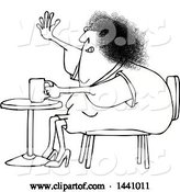 Vector of Cartoon Black and White Lineart Chubby Lady Sitting with Coffee at a Table and Waving with a Flabby Arm by Djart