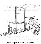 Vector of Cartoon Black and White Lineart Lang Offset Barbeque Smoker Trailer Mascot by LaffToon