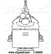 Vector of Cartoon Black and White Plump Old Wizard Using a Desktop Computer by Cory Thoman