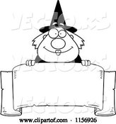 Vector of Cartoon Black and White Plump Witch Looking over a Blank Banner by Cory Thoman