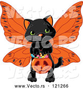 Vector of Cartoon Black Halloween Cat Wearing Wings and Trick or Treating by Pushkin
