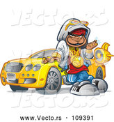 Vector of Cartoon Black Hip Hop Guy Leaning Against His Car and Decked out in Bling by Clip Art Mascots