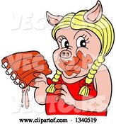Vector of Cartoon Blond Female Pig Holding Saucy Ribs by LaffToon