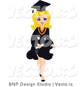 Vector of Cartoon Blond Graduation Pinup Girl Walking Forward with Big Smile by BNP Design Studio