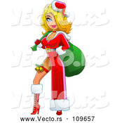 Vector of Cartoon Blond White Christmas Pinup Lady Posing in a Sexy Santa Suit, a Sack over Her Shoulder by Clip Art Mascots