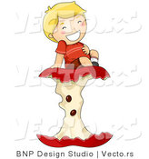 Vector of Cartoon Boy Rubbing His Tummy While Sitting on Big Apple Core by BNP Design Studio