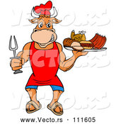 Vector of Cartoon Chef Bull Holding a Bbq Platter of Meats by LaffToon