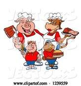 Vector of Cartoon Chef Pig and Female Cow over a Pig Girl and Chicken Boy with Meats by LaffToon