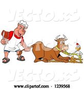 Vector of Cartoon Chef Pig Holding Ribs and Pulling the Tail of a Cow While a Chicken Holds a Rope by LaffToon