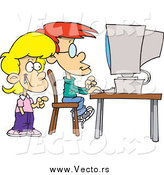 Vector of Cartoon Children Using a Desktop Computer by Toonaday