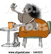 Vector of Cartoon Chubby Black Lady Sitting with Coffee at a Table and Waving with a Flabby Arm by Djart
