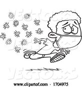 Vector of Cartoon Clipart Black and White Boy Wearing a Mask and Running from Germs by Toonaday