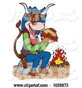Vector of Cartoon Cow Eating a Pulled Pork Sandwich by a Fire by LaffToon