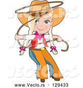 Vector of Cartoon Cowgirl in Chaps and a Hat, Swirling a Lasso, Her Blond Hair in BraChildren by Maria Bell