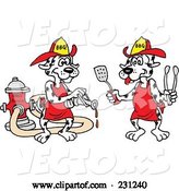 Vector of Cartoon Dalmatian Dog Using a Bbq Sauce Hose and Another Dog Holding Tongs and a Spatula by LaffToon