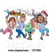 Vector of Cartoon Dancing Line of Mardi Gras People Having a Blast and Carrying Hot Bbq Food by LaffToon