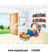 Vector of Cartoon Depressed Gluttonous Guy Surrounded by Food near an Open Door by