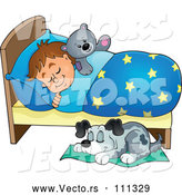 Vector of Cartoon Dog Sleeping by a Brunette White Boy in Bed with a Teddy Bear by Visekart