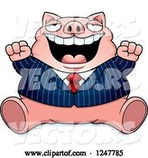 Vector of Cartoon Fat Business Pig Sitting and Cheering by Cory Thoman