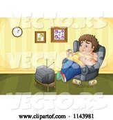 Vector of Cartoon Fat Guy Drinking Beer and Watching TV by