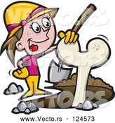 Vector of Cartoon Female Archaeologist Resting Her Hand on an Excavated Bone by Jtoons