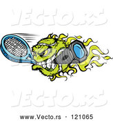 Vector of Cartoon Flaming Tennis Ball Mascot Biting a Racket by Chromaco