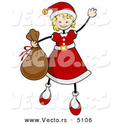 Vector of Cartoon Girl in a Santa Suit While Carrying a Sack of Gifts and Waving by BNP Design Studio